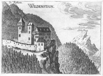 Incisione, vista del castello di Wildenstein, Alta Austria da Georg Matthaus Vischer